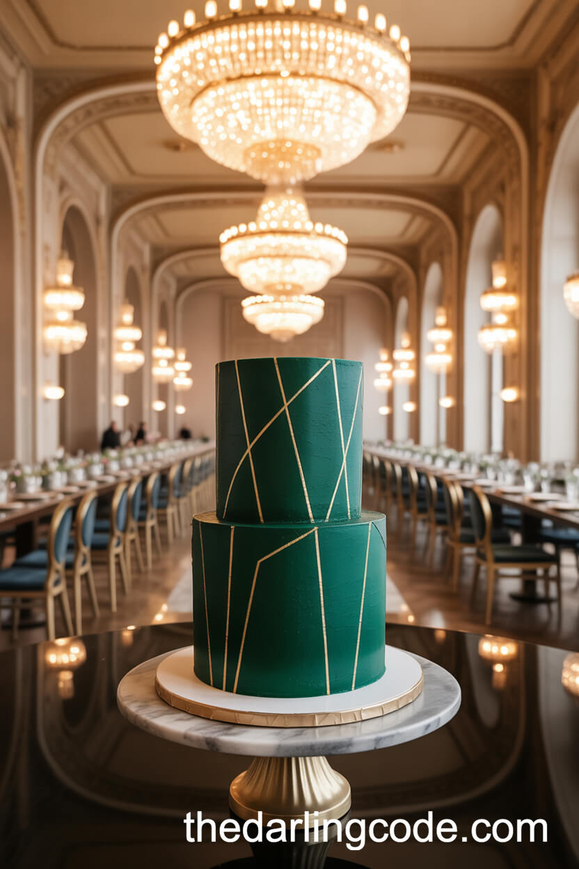 Two-Tier Emerald Green Cake With Geometric Gold Lines