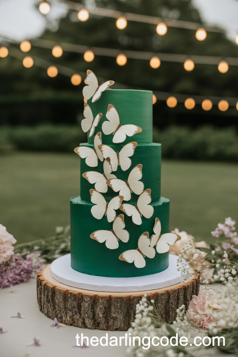 Emerald Green Cake With Edible Butterflies