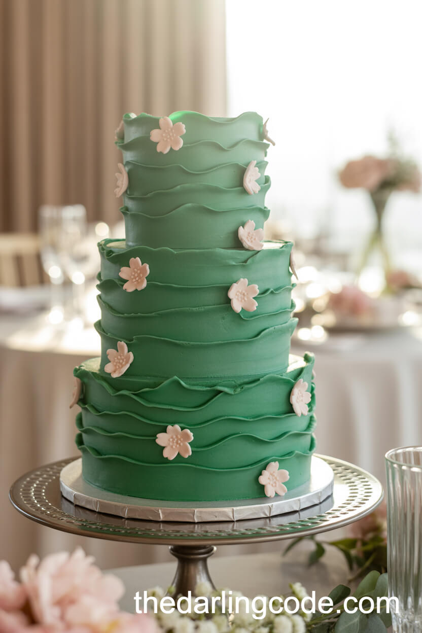 Emerald Green Ruffled Cake With Sugar Cherry Blossoms