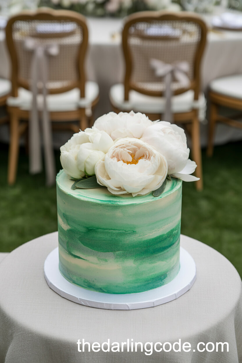 Watercolor-Style Emerald Green Cake With White Peonies