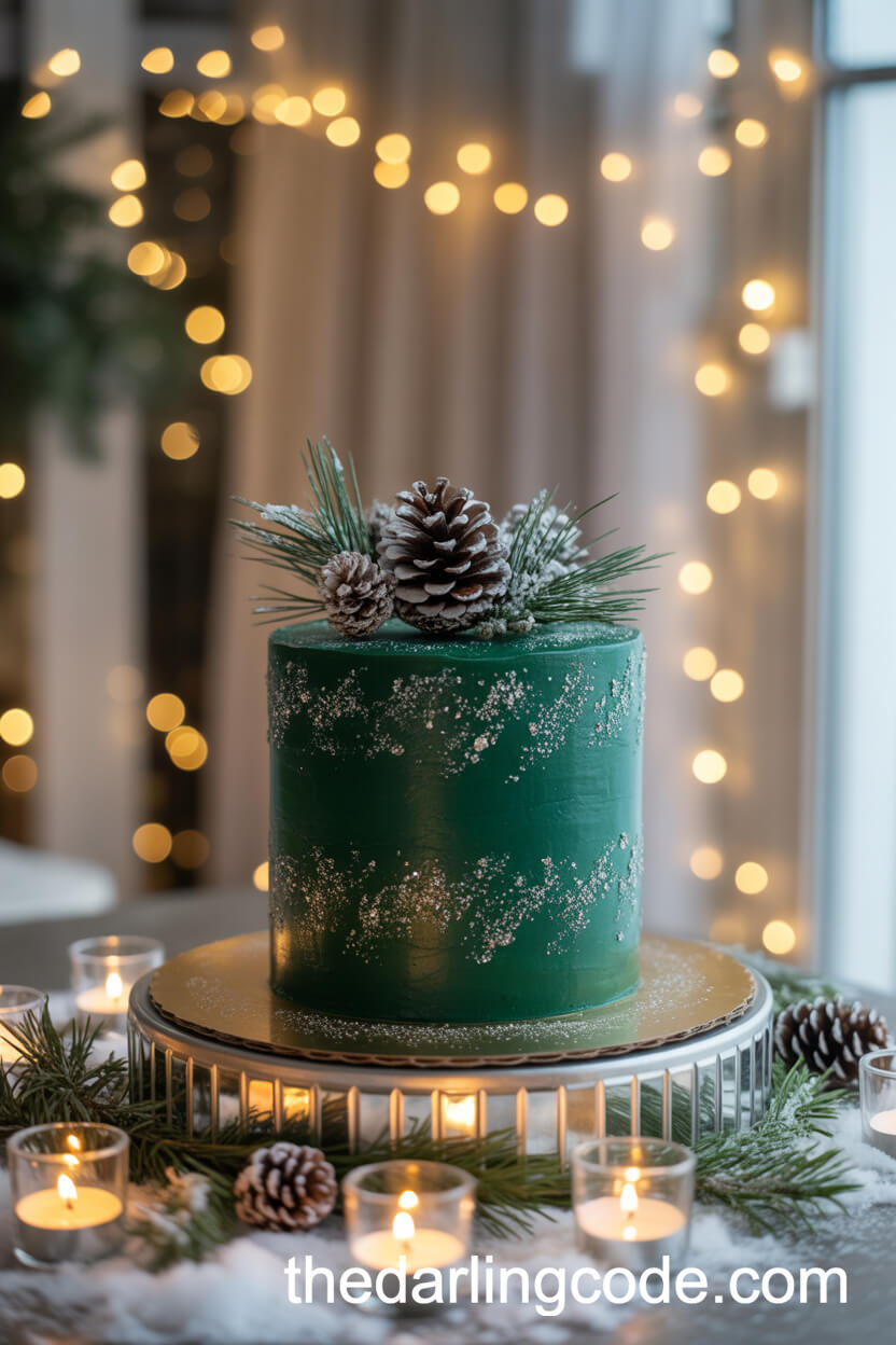 Shimmering Emerald Cake With Edible Silver Frost And Pinecones