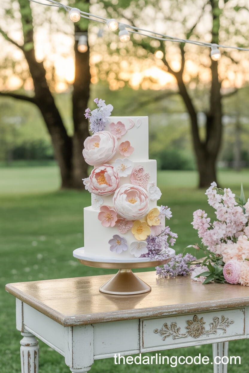Three-Tier Pastel Floral Wedding Cake With Sugar Peonies And LilacsThree-Tier Pastel Floral Wedding Cake With Sugar Peonies And LilacsThree-Tier Pastel Floral Wedding Cake With Sugar Peonies And Lilacs