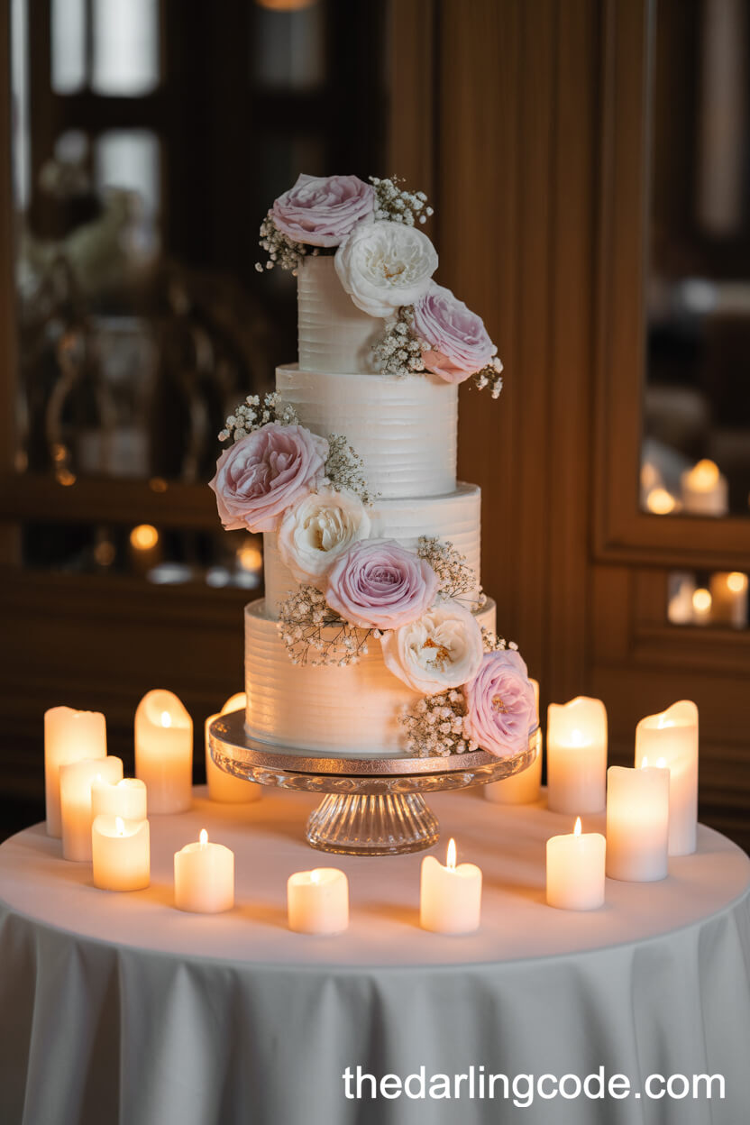 Tall Rose And Peony Floral Cake Surrounded By Candlelight