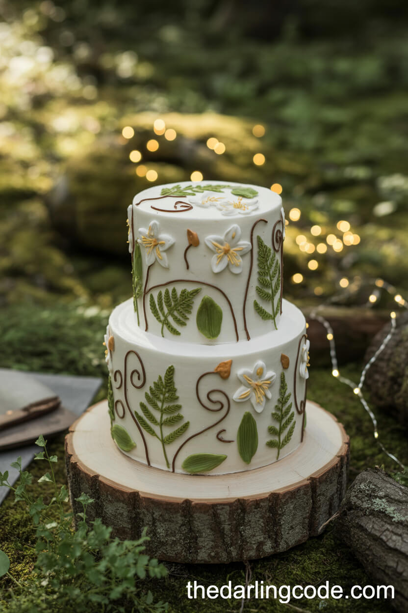 Woodland-Inspired Cake With Floral Vines Lilies And Moss