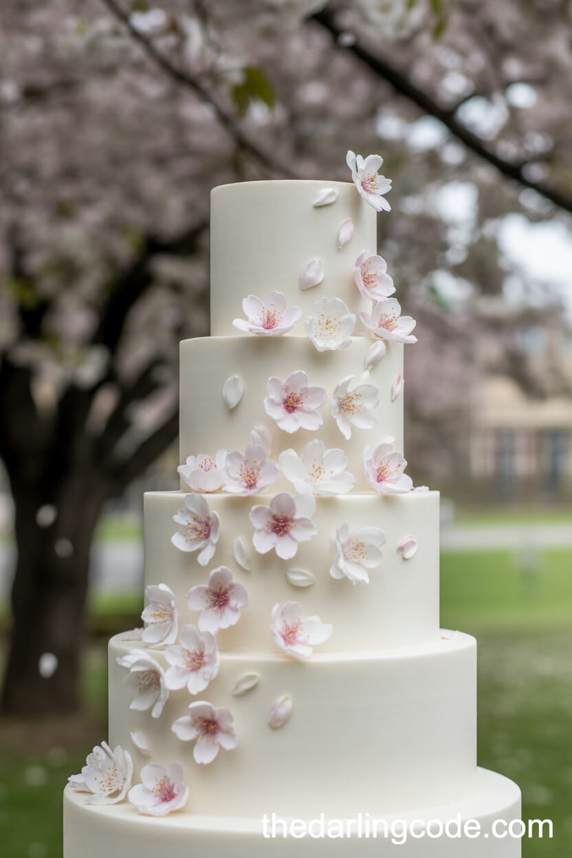 Cherry Blossom Wedding Cake Under Blooming Trees