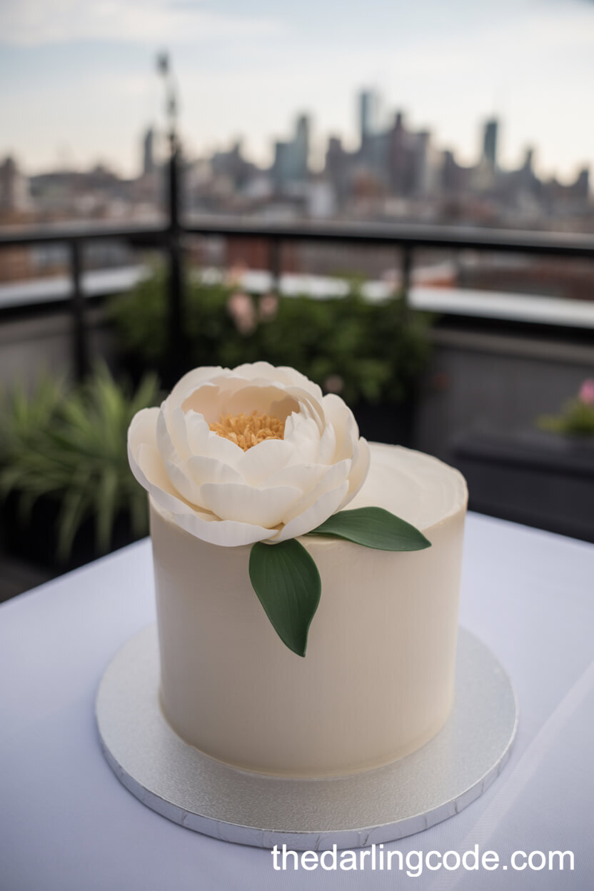 Minimalist White Cake With Sculptural Sugar Peony