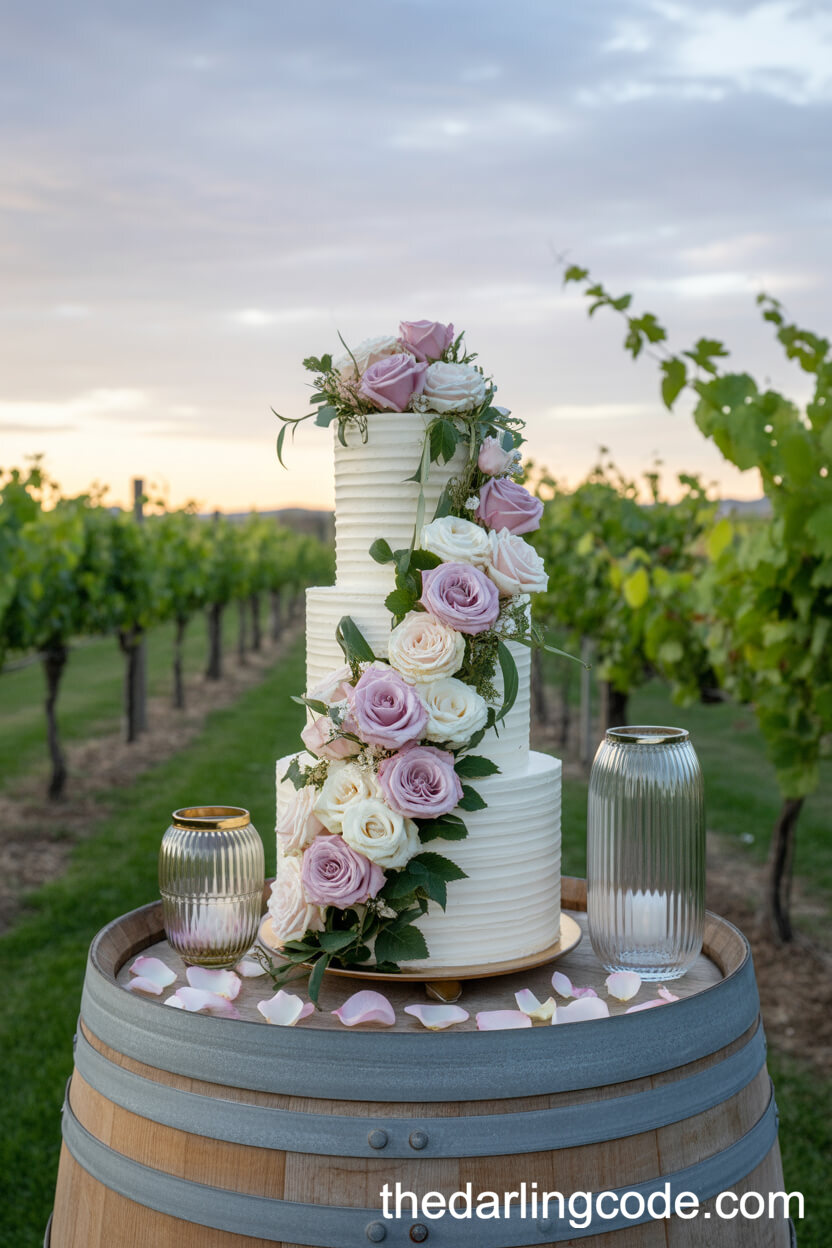 Rustic Vineyard Cake Adorned With Cascading Pink Roses And Green Vines