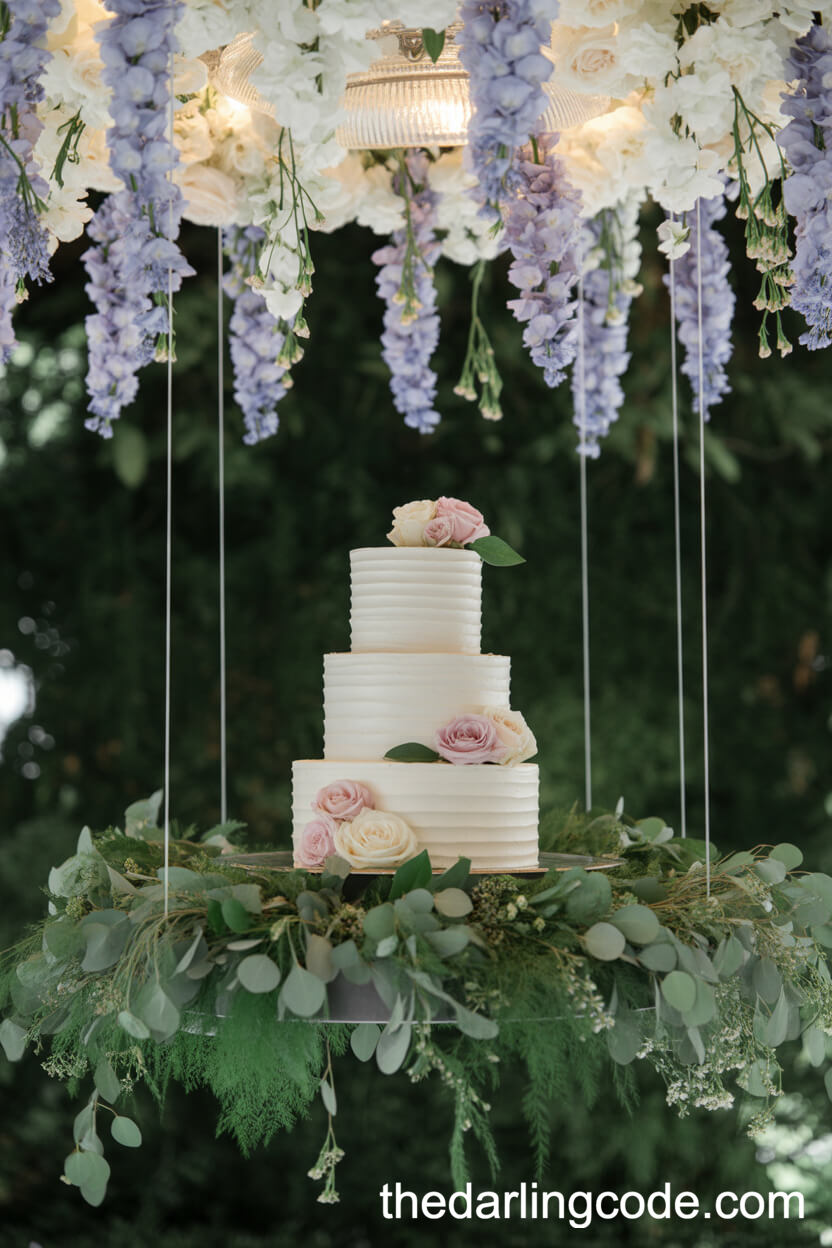 Suspended Floral Wedding Cake With Wisteria And Roses