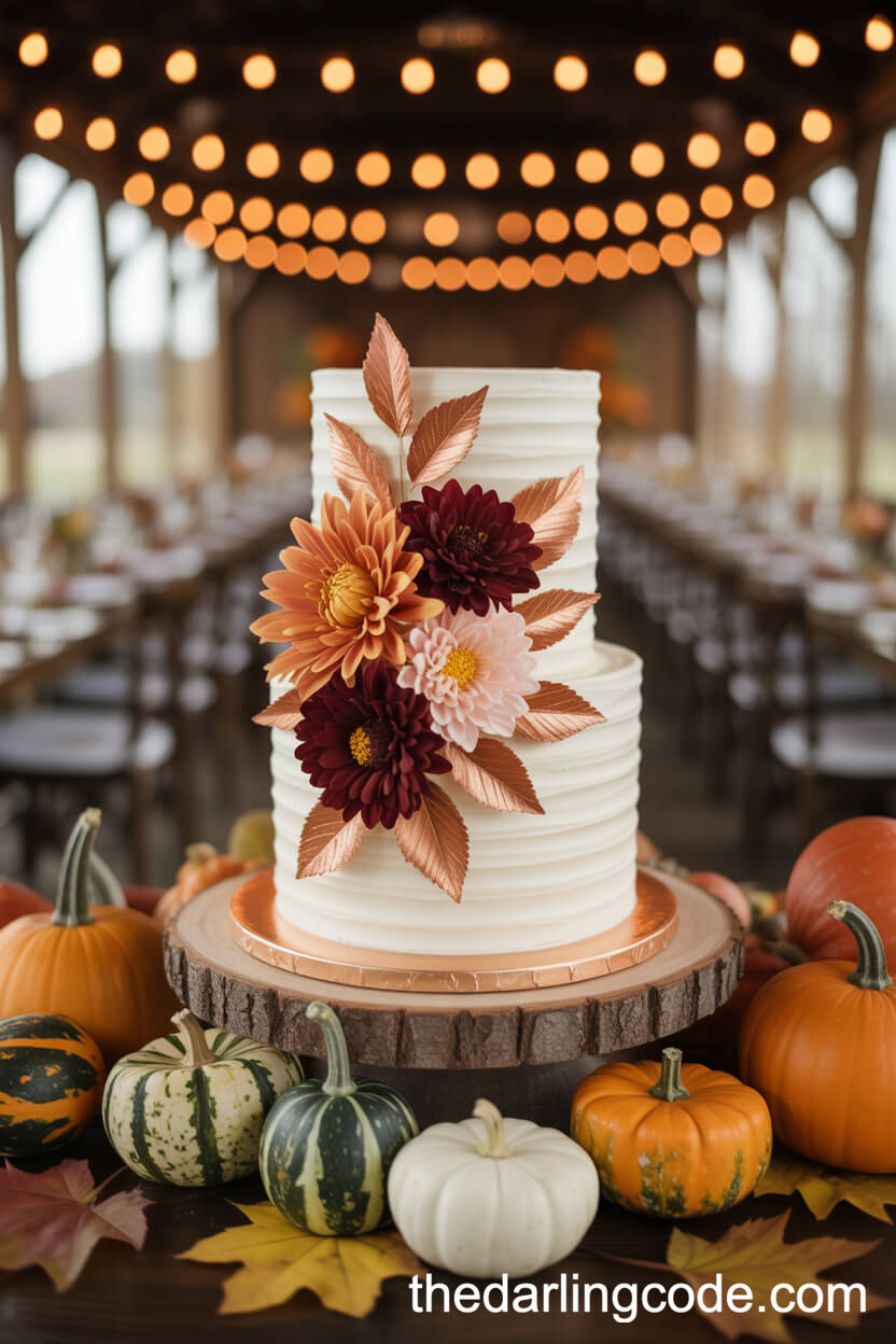 Autumn-Inspired Cake With Orange And Burgundy Sugar Flowers