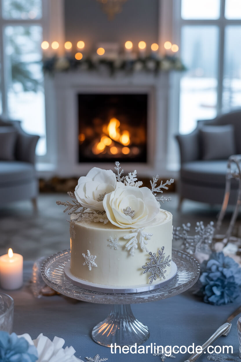 Winter Wedding Cake With Silver Florals And Snowflake Accents