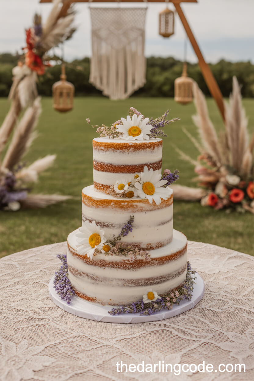 Semi-Naked Wildflower Cake With Daisies, Lavender, And Poppies