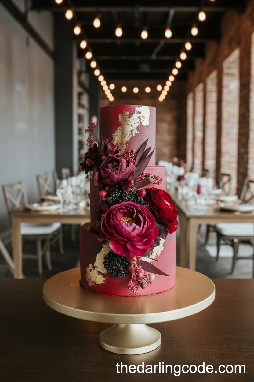 Dramatic Cake Covered In Deep Red And Purple Florals With Gold Leaf