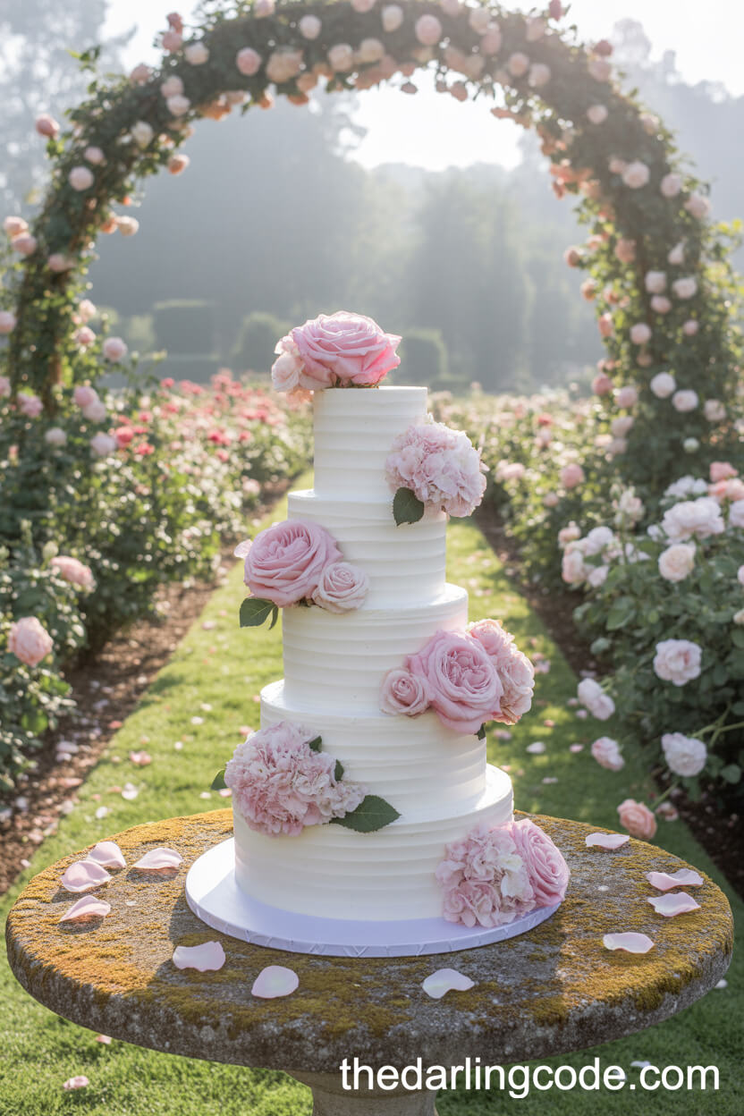 Six-Tier Cake With Roses Peonies And Hydrangeas Beneath A Floral Arch