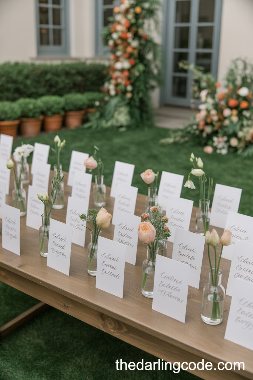 Escort Card Table With Individual Bud Vase Blooms