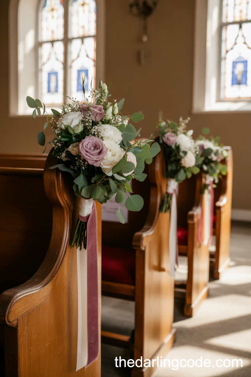 Ceremony Chairs Decorated With Rose And Eucalyptus Bouquets
