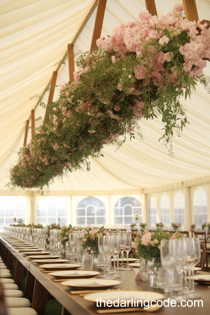 Suspended Cherry Blossom Installations Over Reception Tables