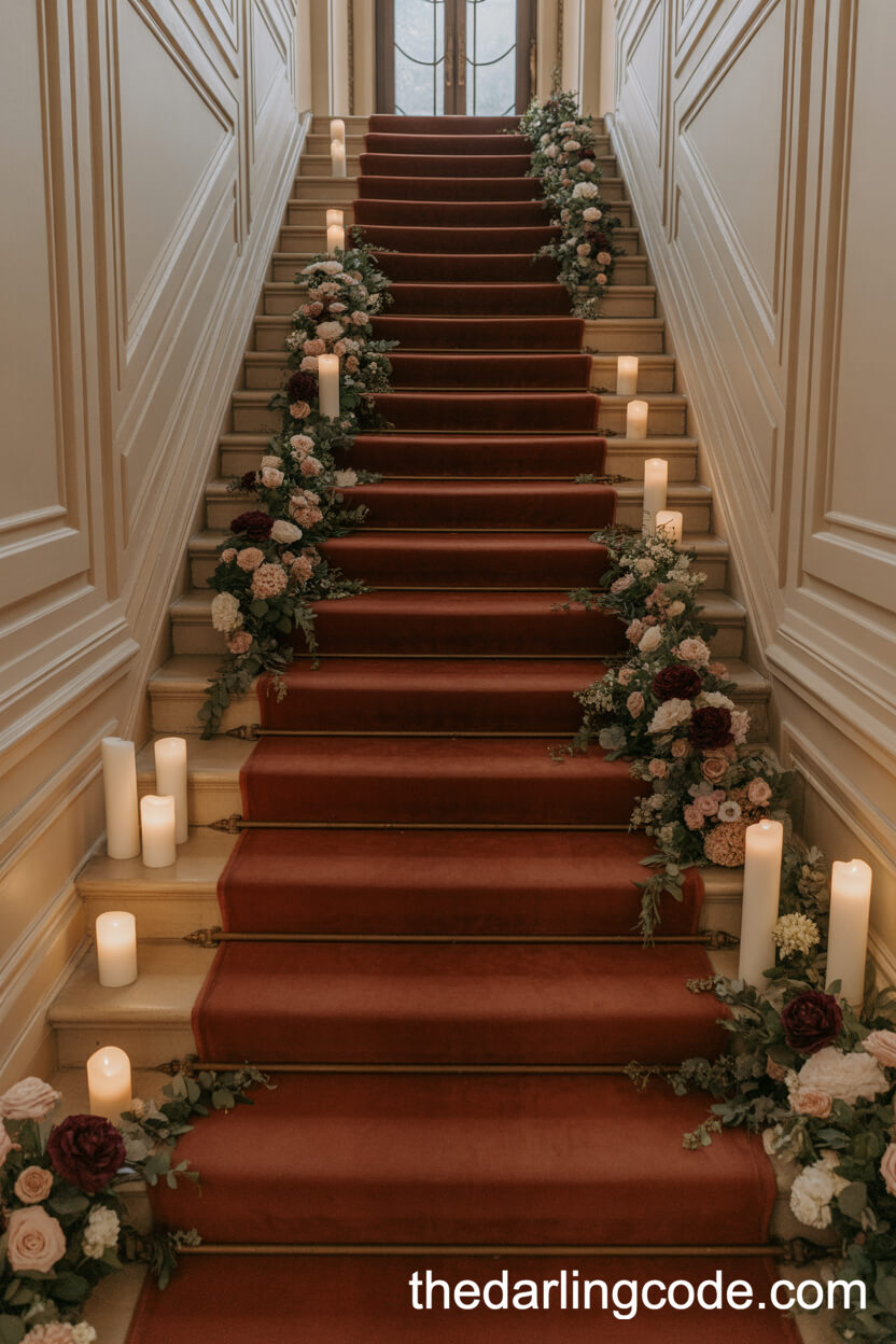 Grand Staircase Decorated With Lush Floral Garlands