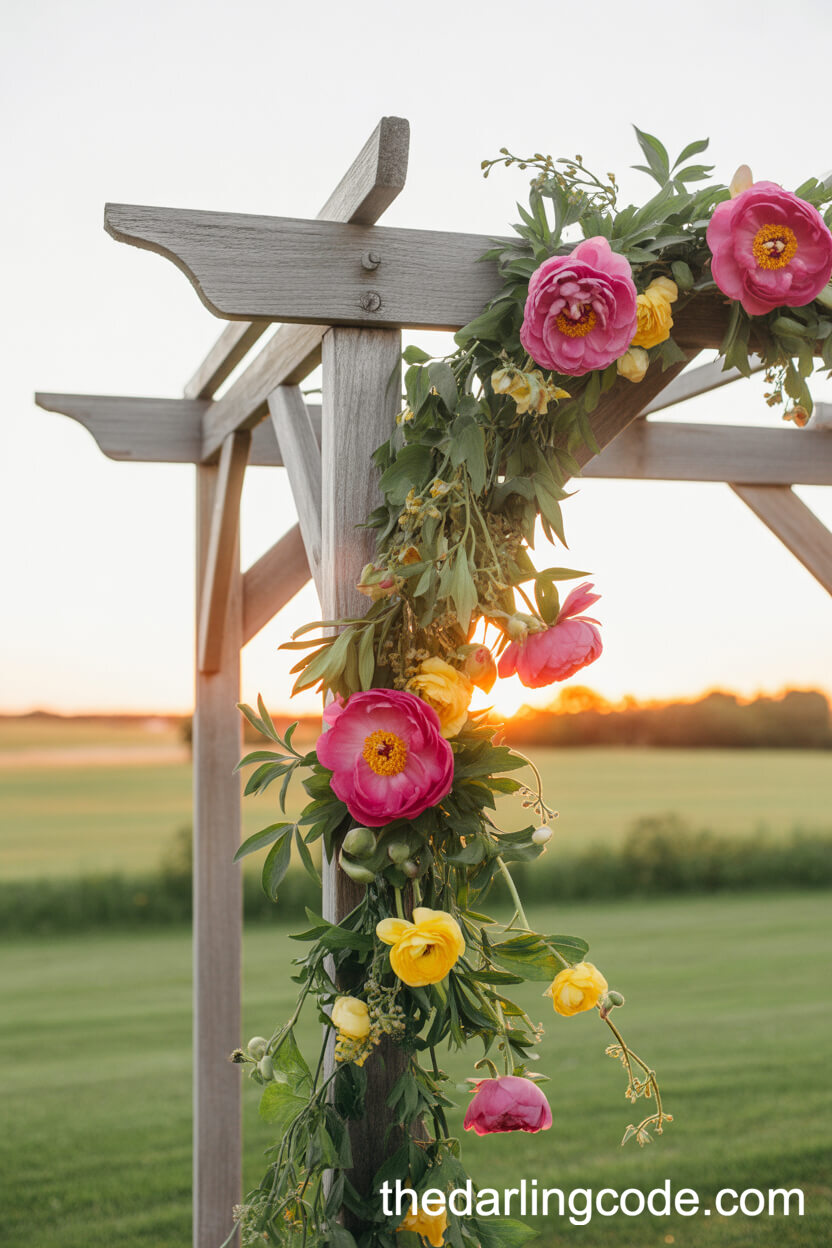 Sunlit Wooden Arbor With Vibrant Peonies And Vines