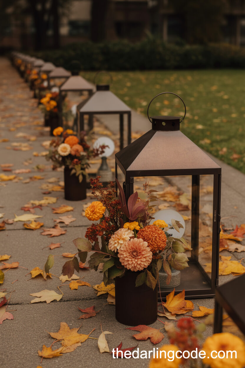 Autumn Pathway With Floral-Filled Vintage Lanterns