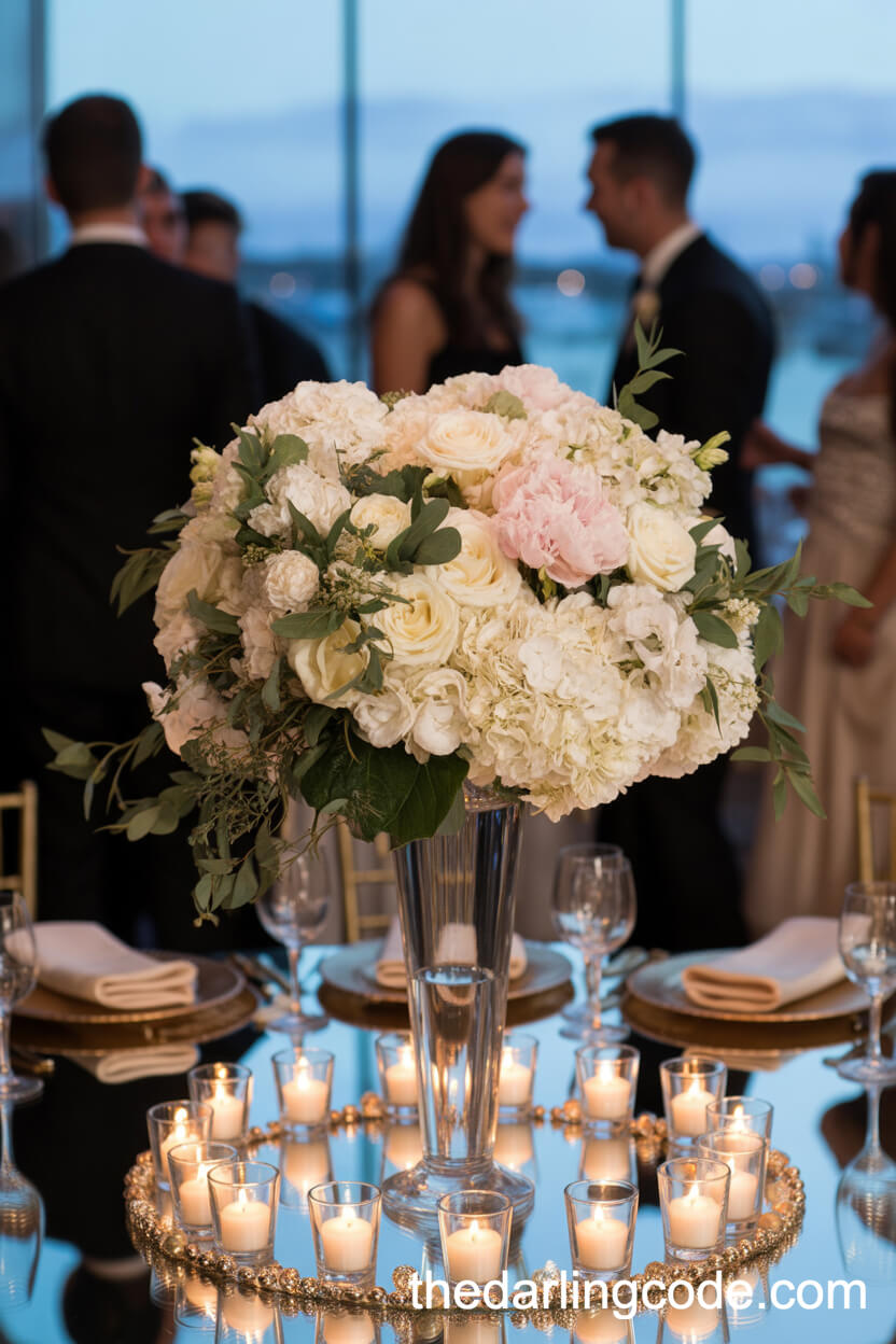 Opulent Tall Centerpiece With Hydrangeas, Roses, And Peonies