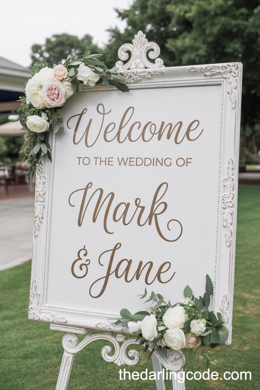 Elegant Floral Welcome Sign On Ornate Easel