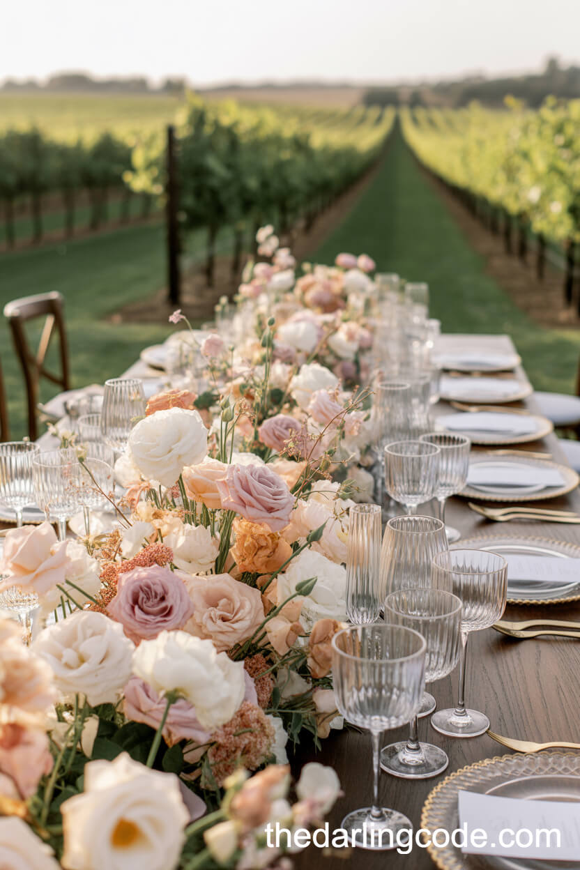 Vineyard Reception Table With Lush Floral Centerpieces