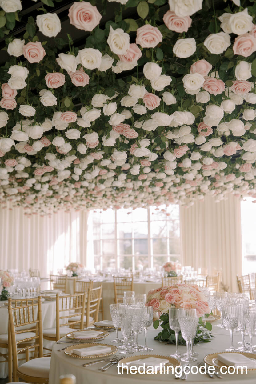 Reception Hall Ceiling With Hanging Rose Strands