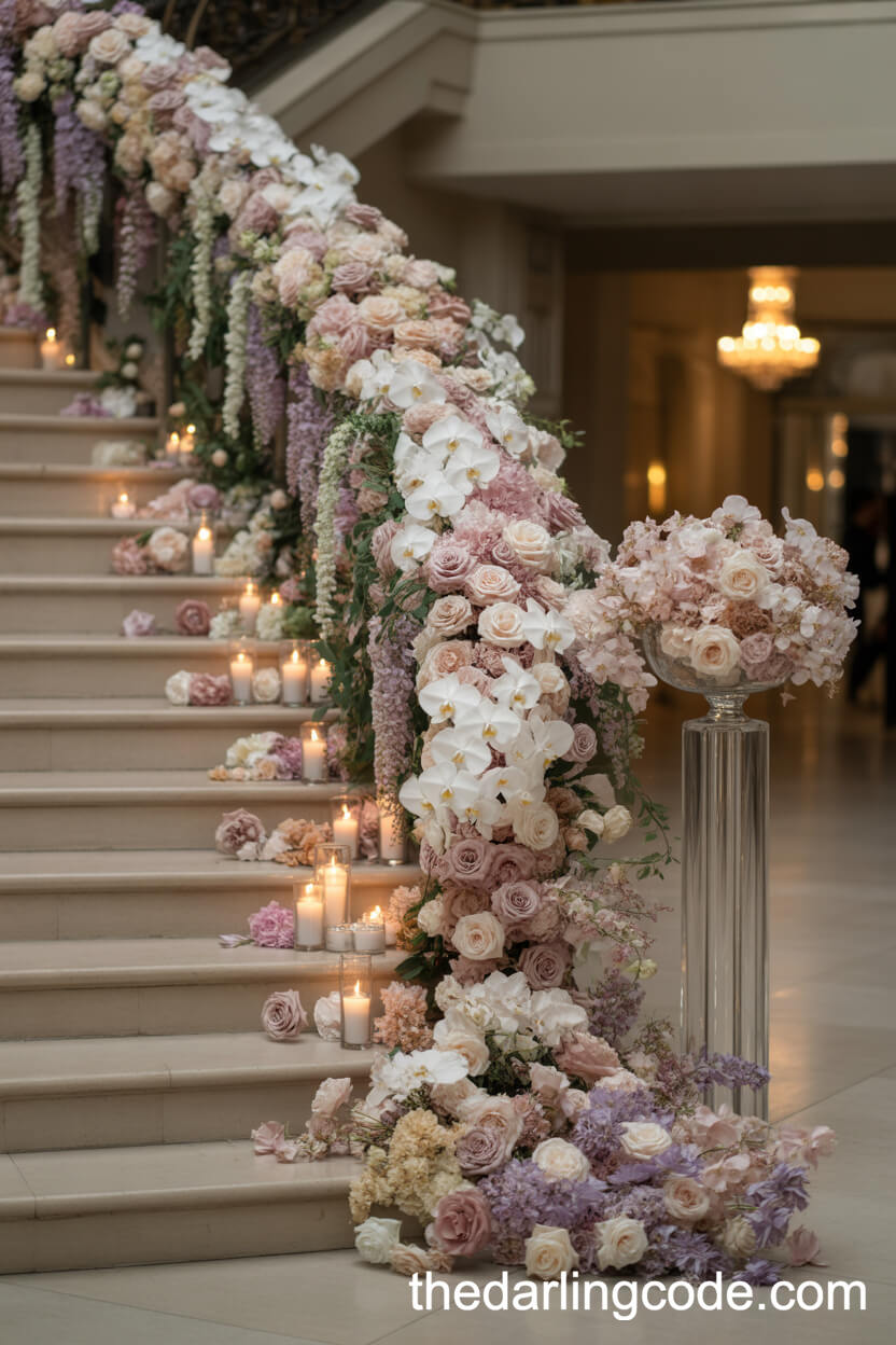 Sweeping Staircase Covered In Cascading Waterfall Florals