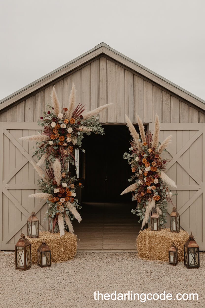 Rustic Barn Entrance With Cascading Fall Florals
