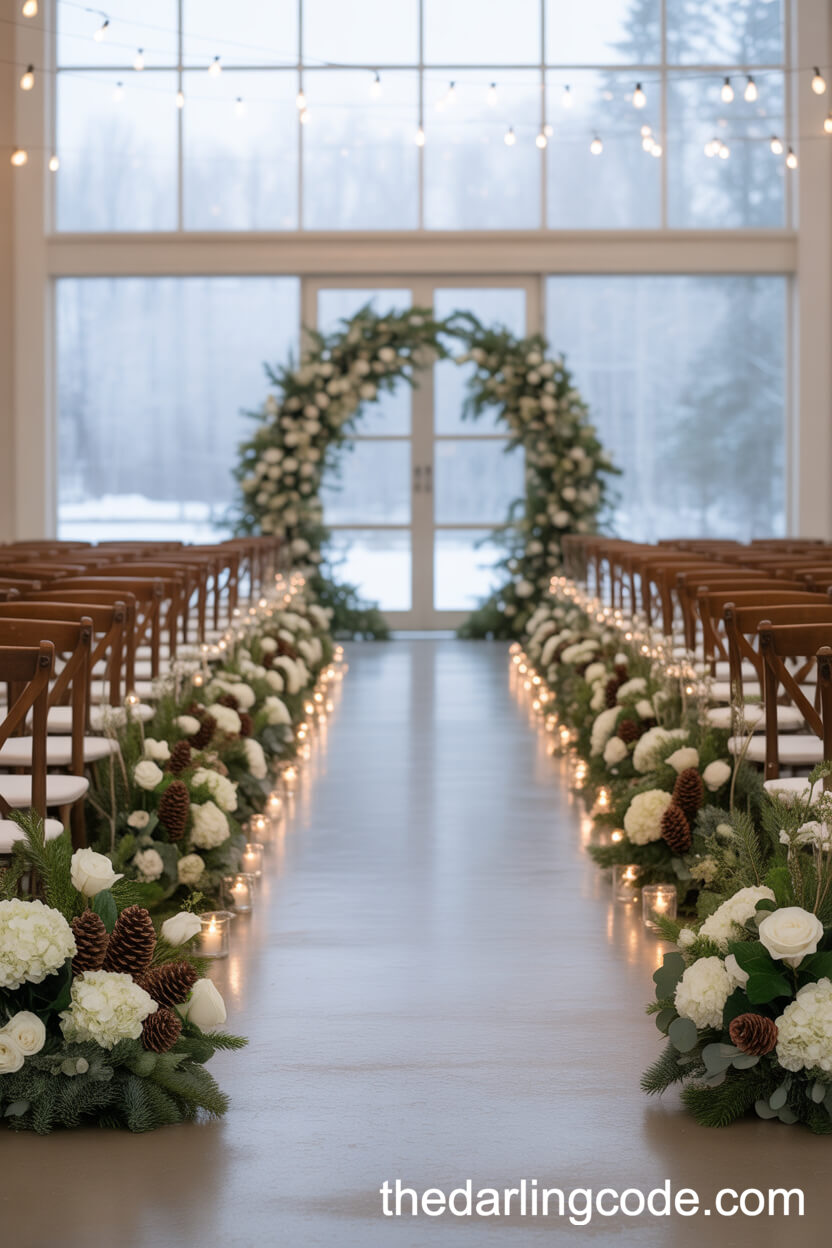 Winter Wonderland Aisle With Frosty Floral Arrangements