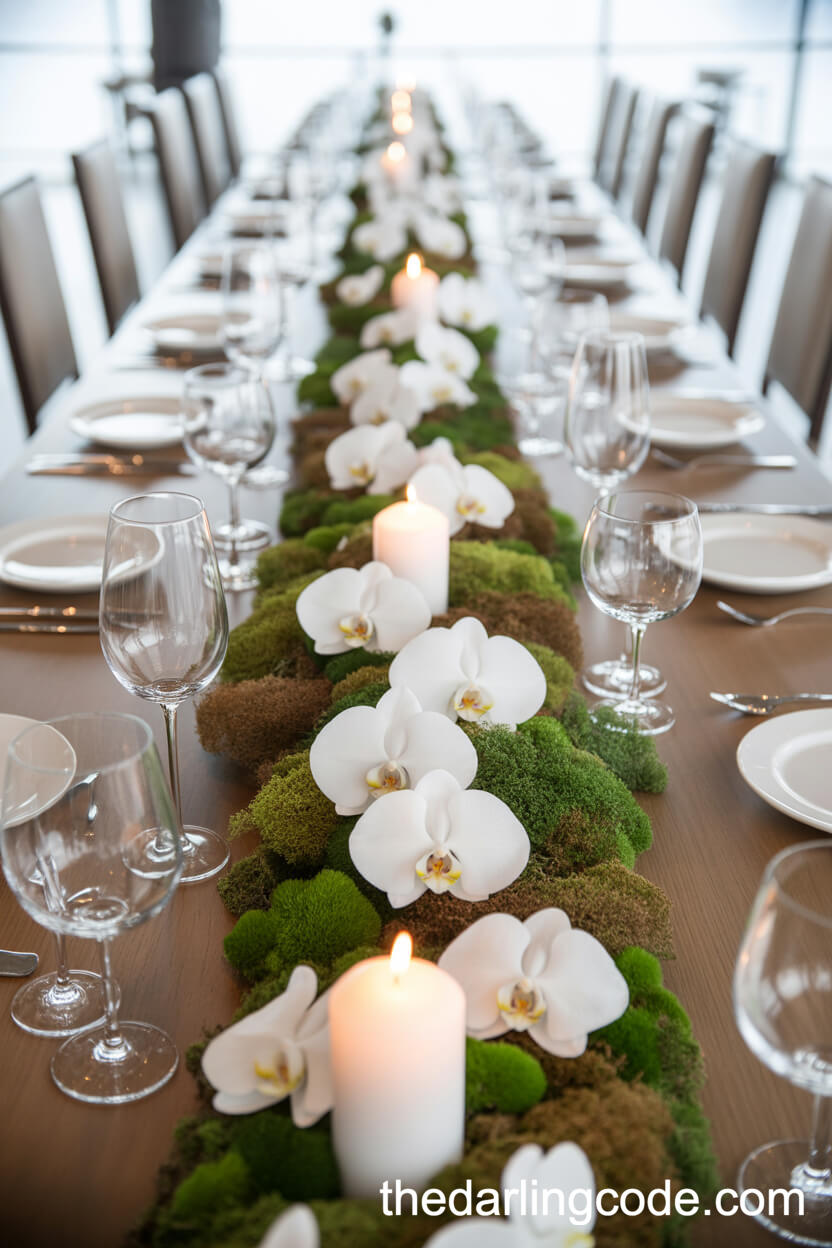 Modern Banquet Table With Orchid And Moss Runner