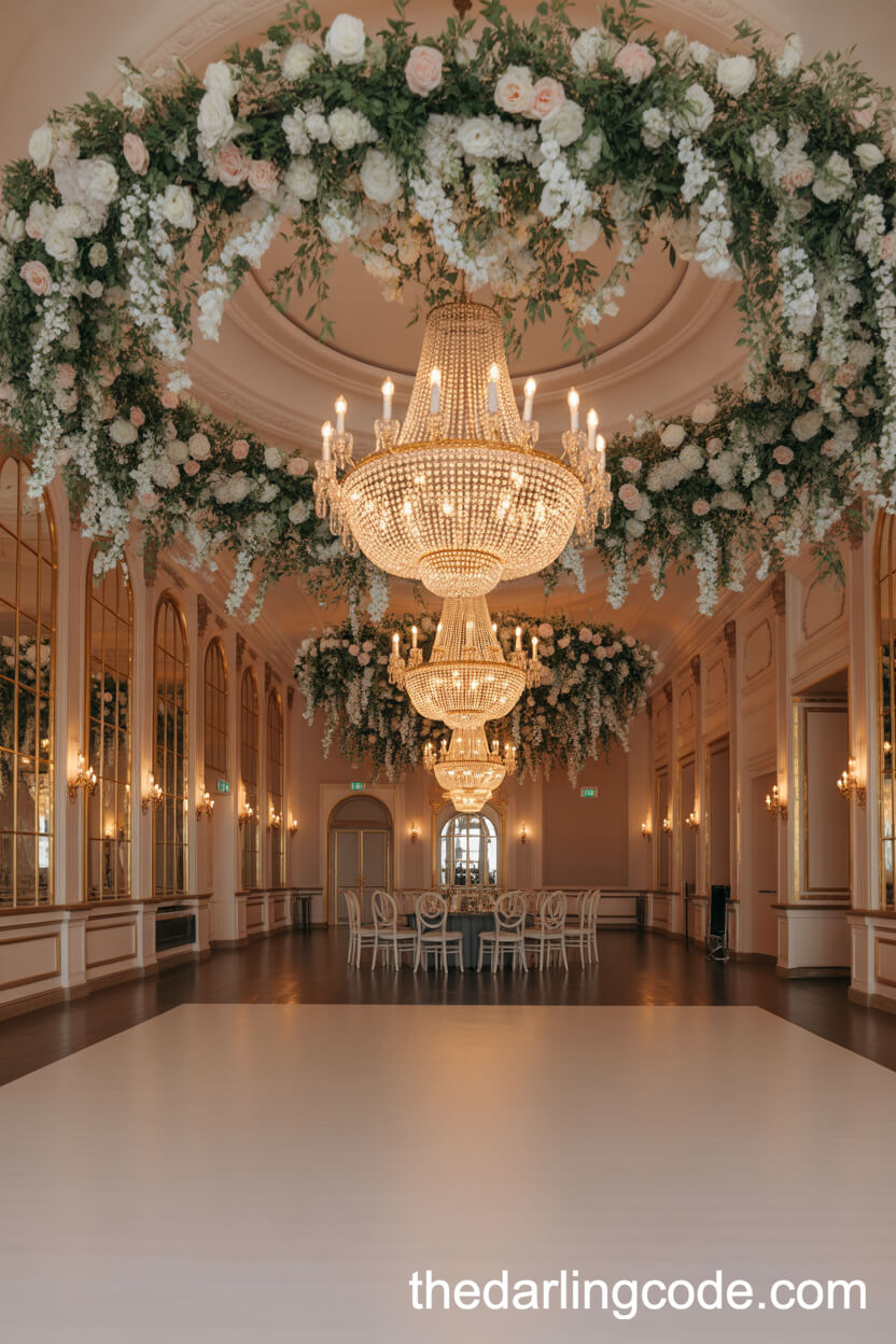 Floral-Covered Chandeliers In A Glamorous Ballroom