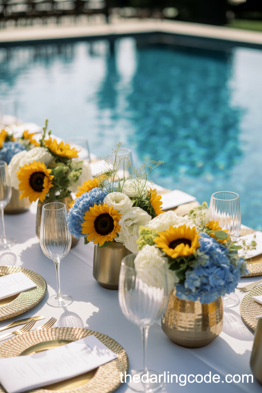 Poolside Reception Tables With Bright Summer Blooms