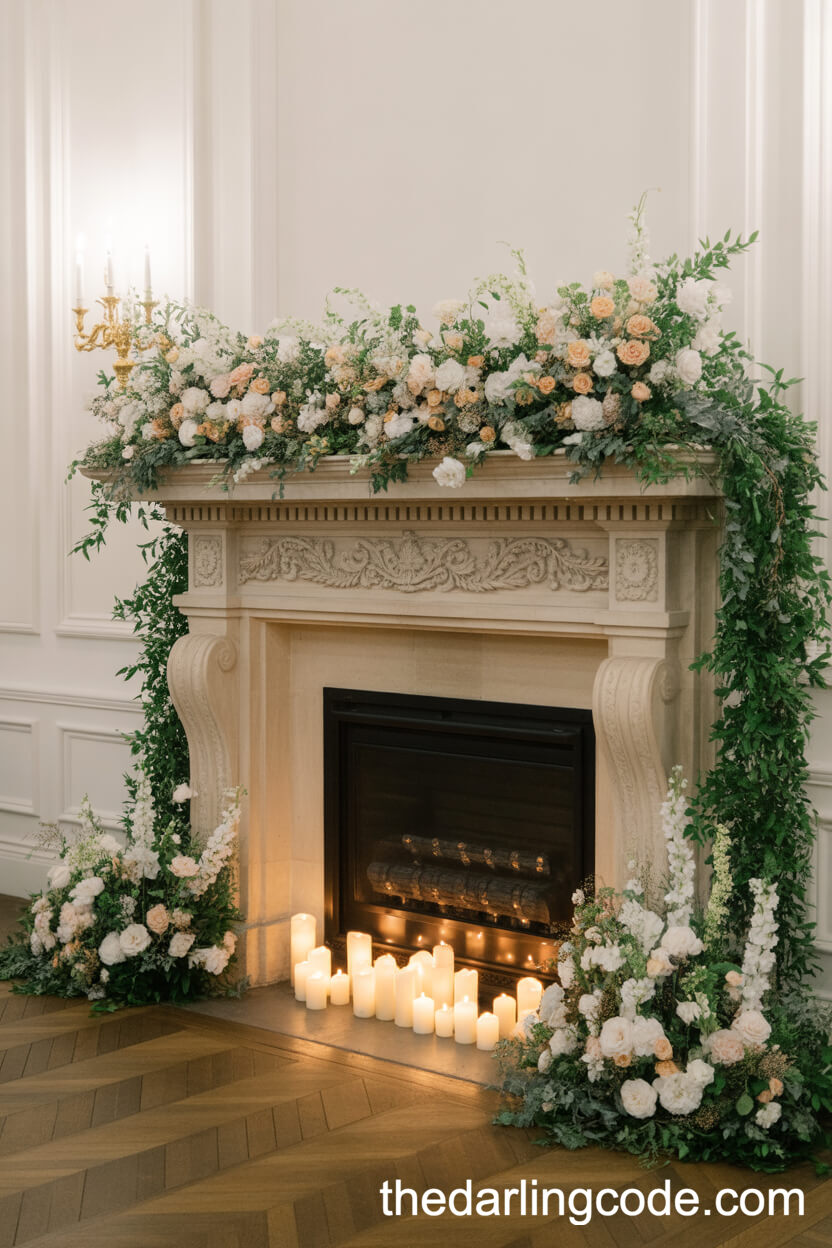 Elegant Fireplace Mantel Adorned With Florals And Greenery