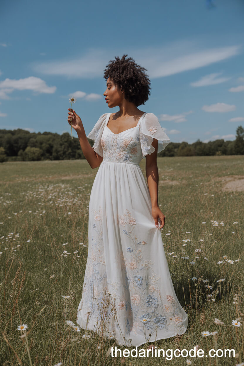 Empire Waist Wedding Dress With Pastel Floral Embroidery
