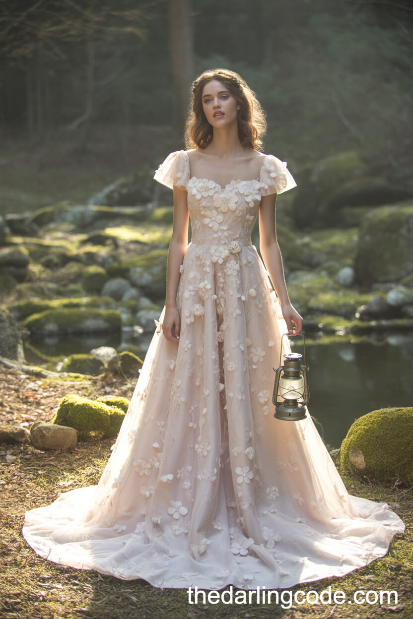 Whimsical Cap-Sleeve Floral Dress With 3D Appliqué