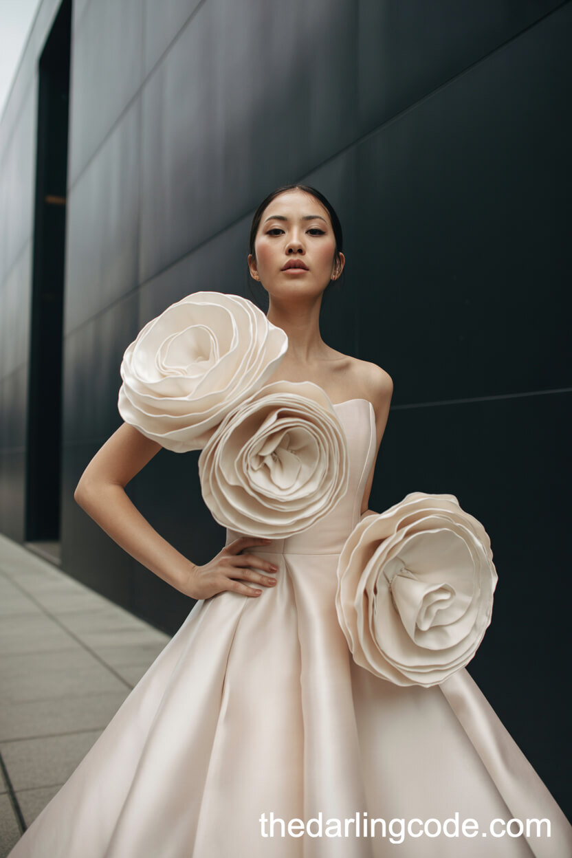 Architectural Wedding Dress With Oversized Organza Floral Details