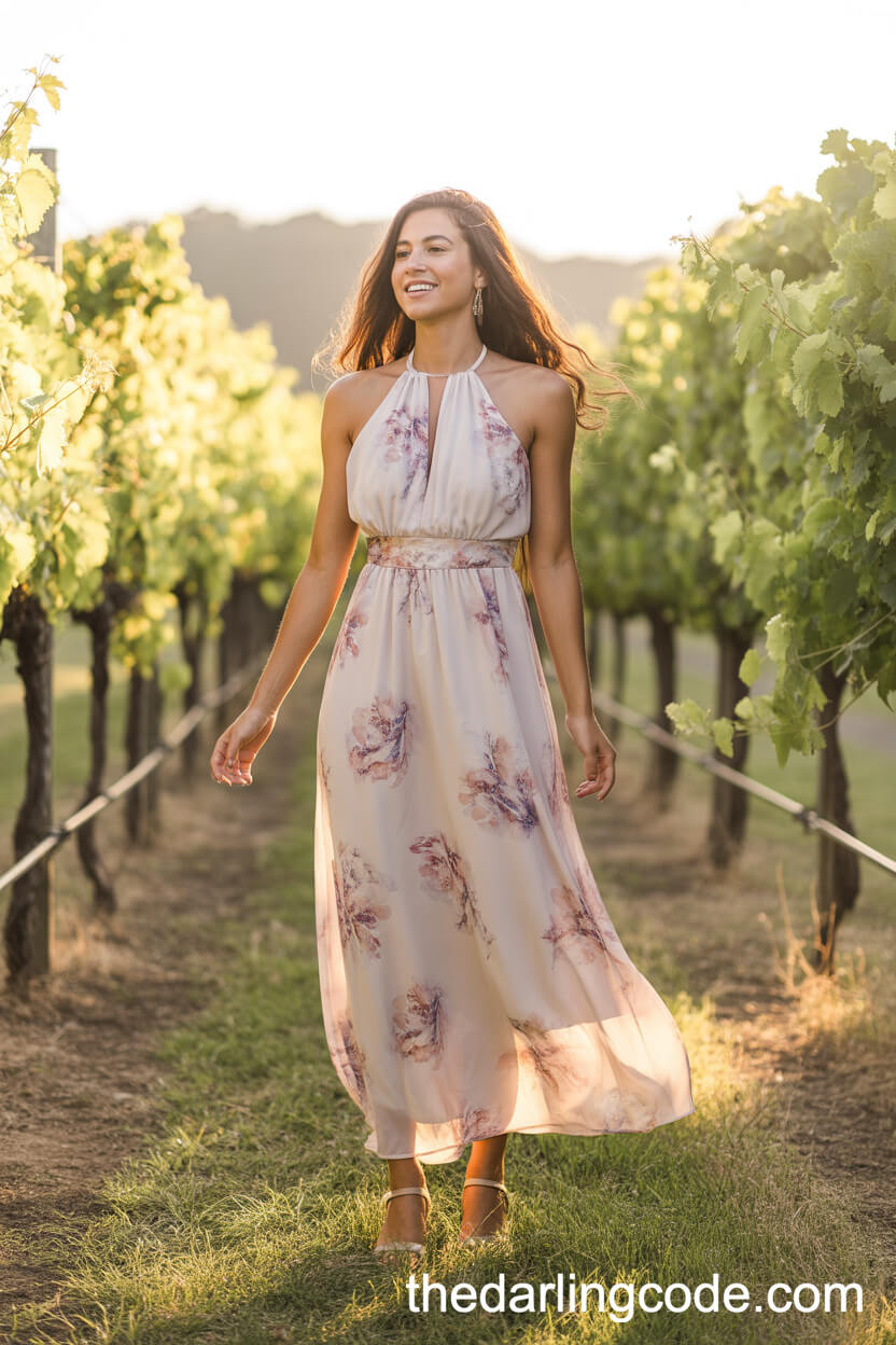 Halter Neck Chiffon Dress With Watercolor Floral Prints