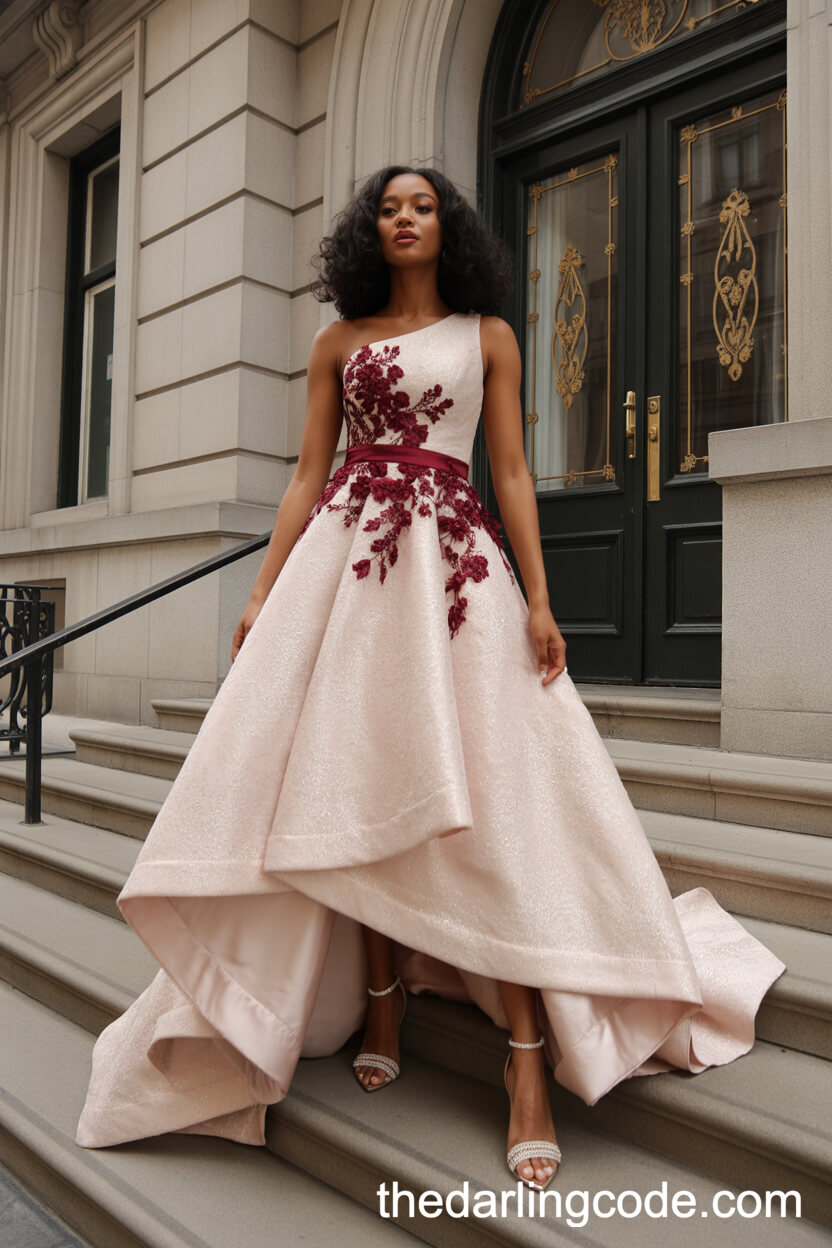 Asymmetrical One-Shoulder Dress With Burgundy Floral Embroidery