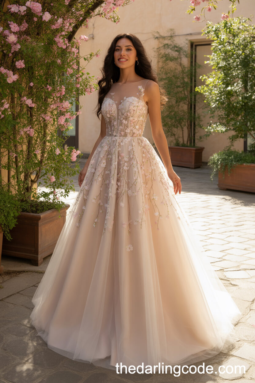 A-Line Gown With Illusion Bodice And Embroidered Cherry Blossoms