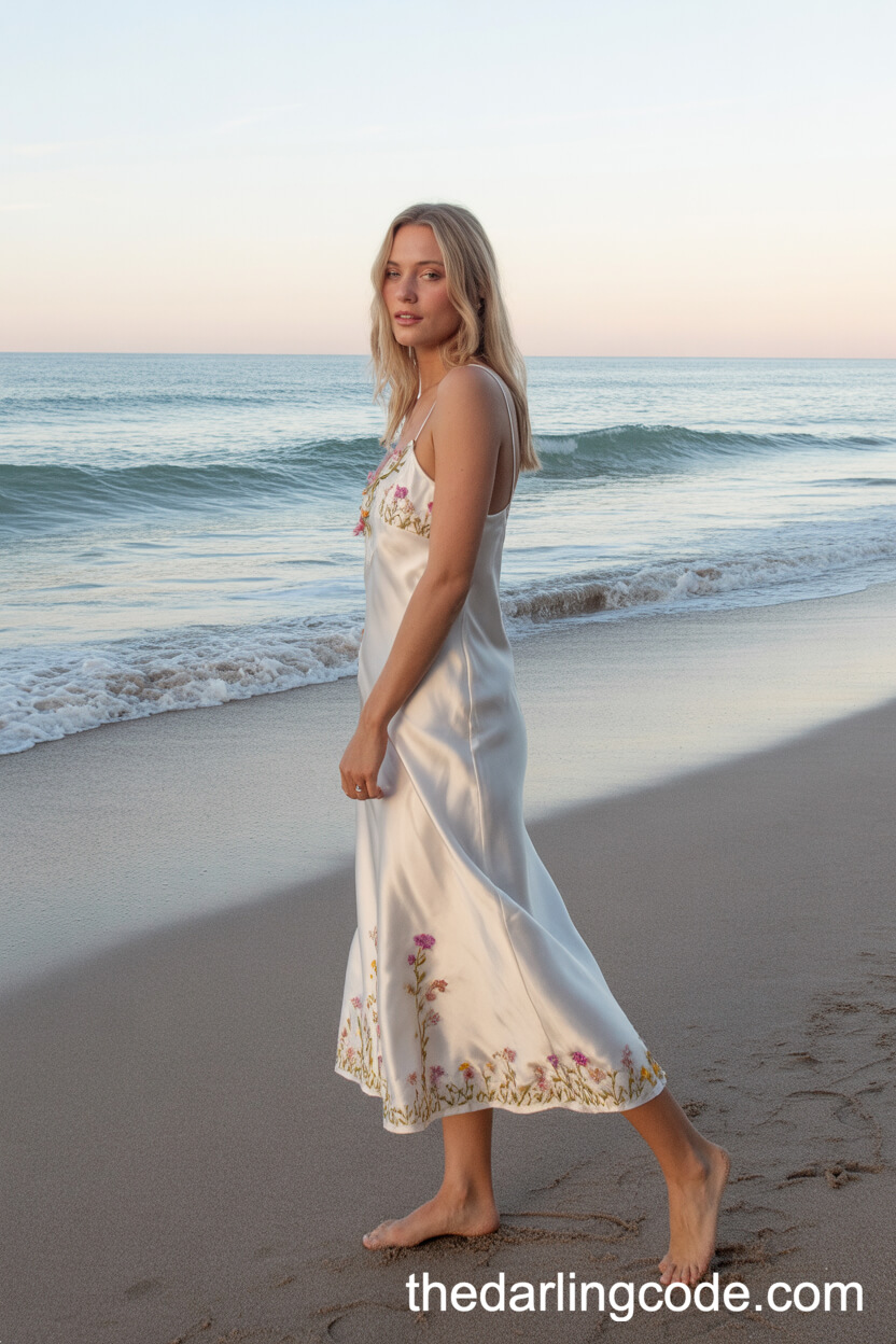 Romantic Silk Slip Dress With Embroidered Wildflowers
