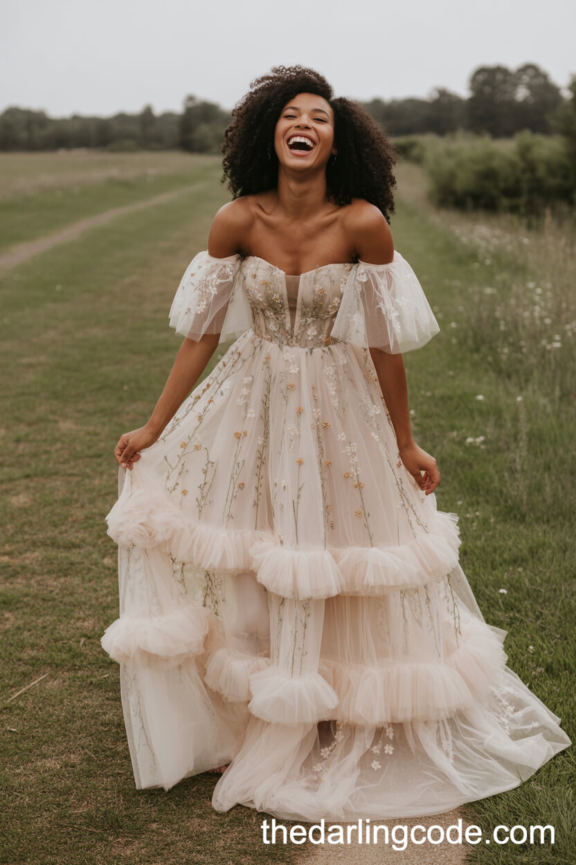 Off-The-Shoulder Boho Tulle Gown With Wildflower Embroidery