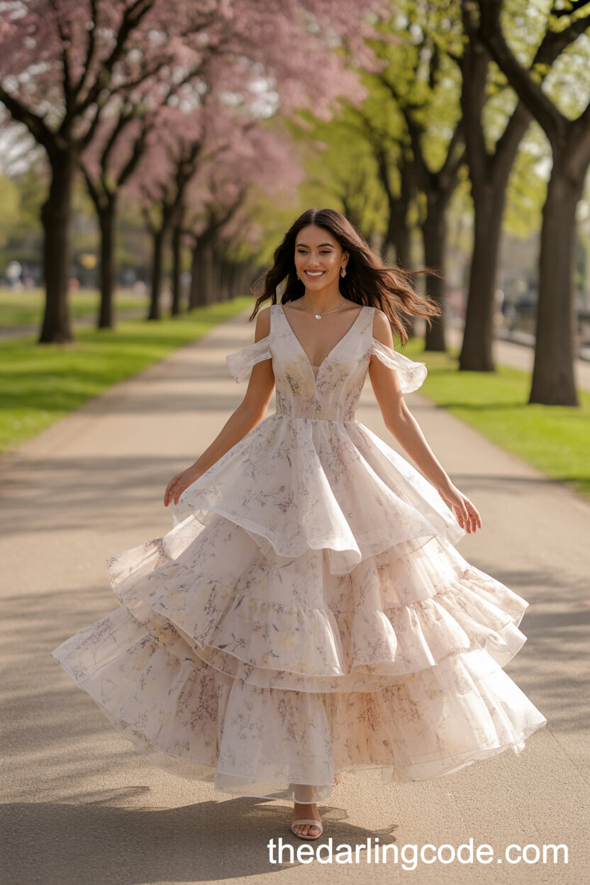 Pastel Tiered Organza Ruffle Dress With Varied Floral Patterns