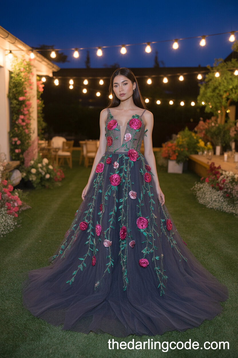 Dark Navy Tulle Dress With Embroidered Garden Roses And Vines