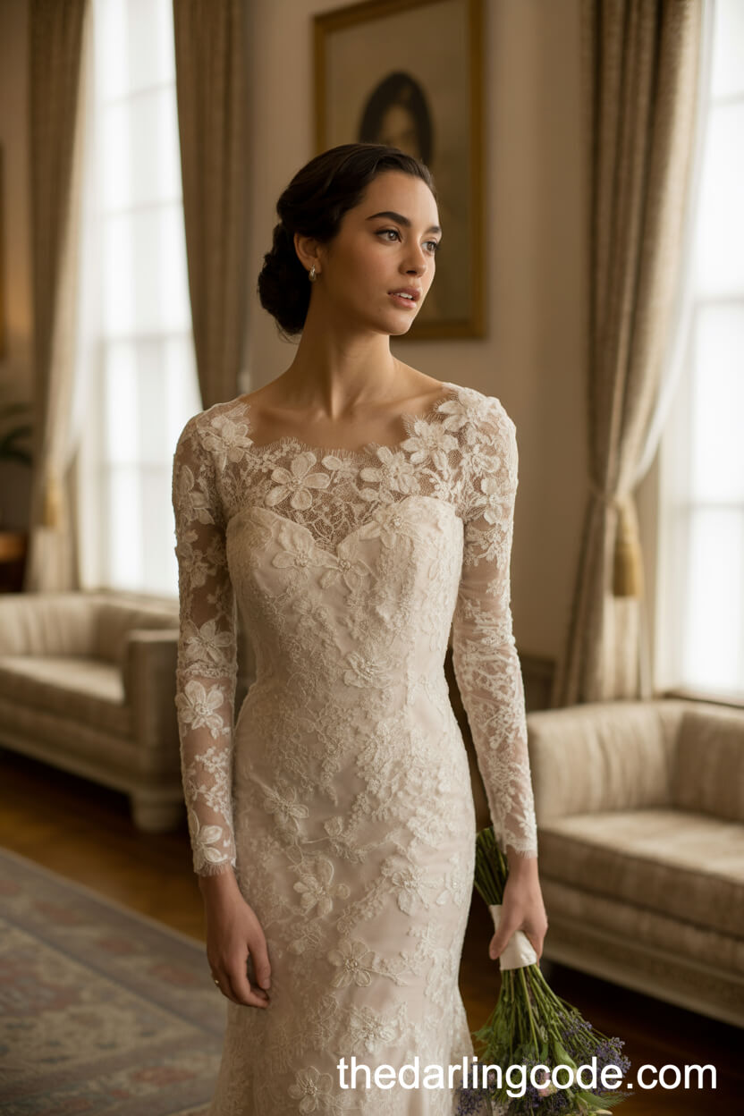 Vintage-Inspired Slim-Fit Lace Wedding Dress With 3D Floral Appliqué