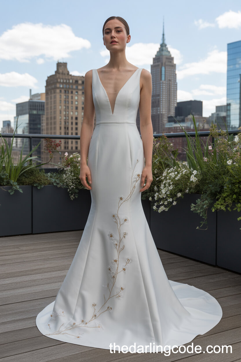 Modern Minimalist Mermaid Dress With Subtle Floral Embroidery