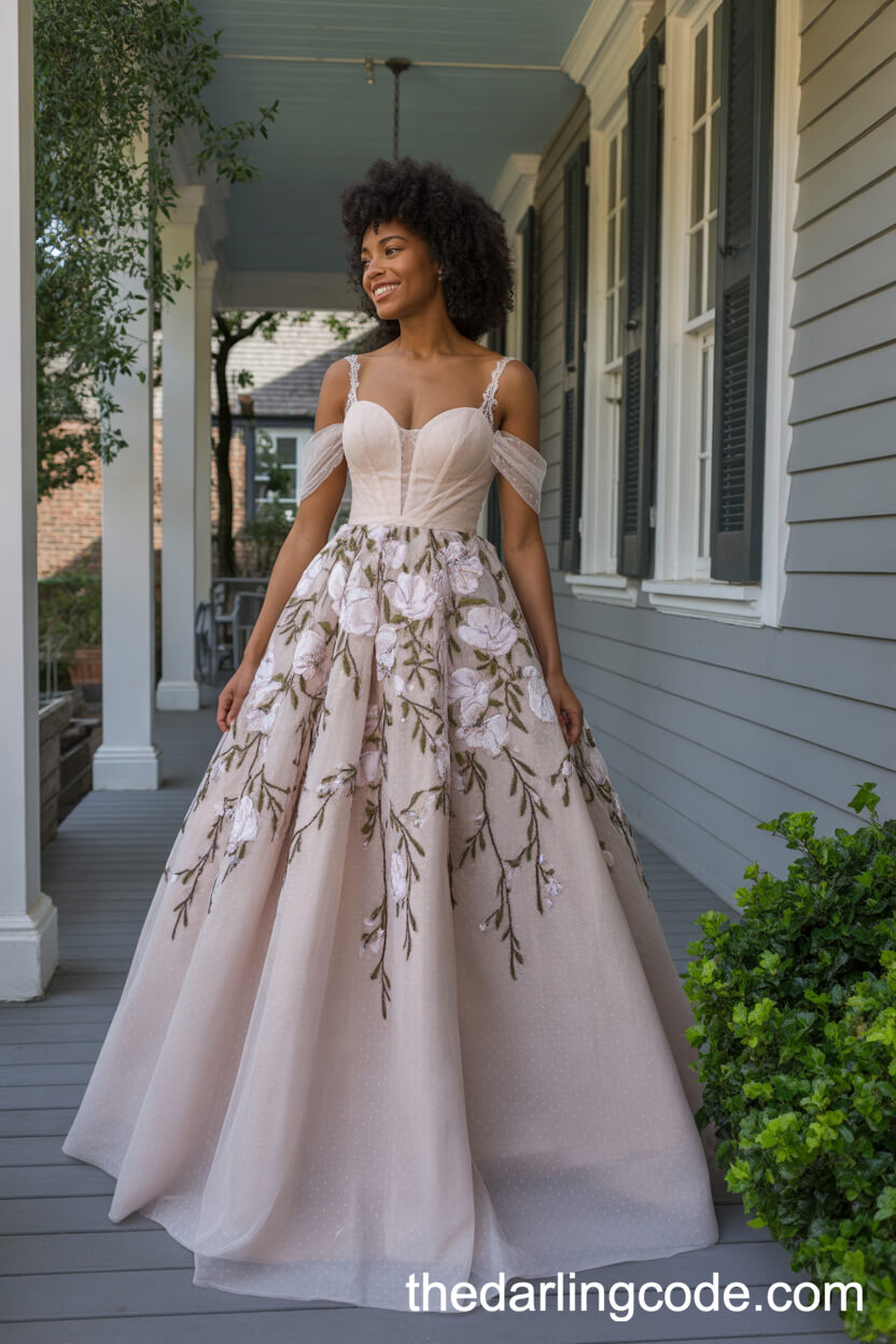 Sweetheart Neckline Ballgown With Embroidered Magnolias