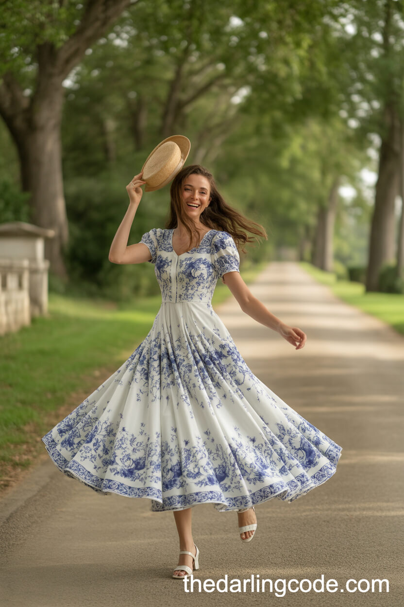 Tea-Length Wedding Dress With Blue Porcelain Floral Prints