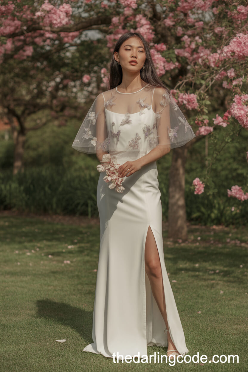 Fitted Sheath Dress With Sheer Floral Embroidered Overlay And Side Slit