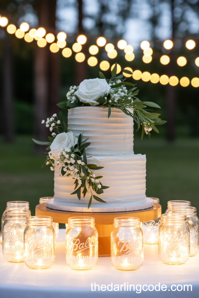 White Cake With Cascading Greenery And Mason Jar Fairy Lights